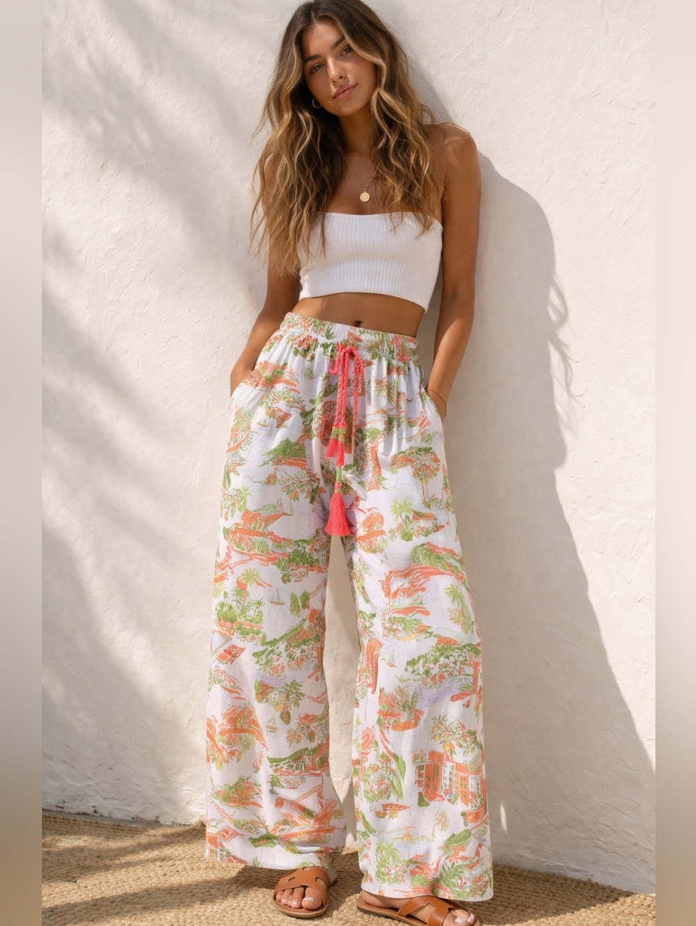 Cynthia Rowley White Wide-Leg Linen Pants with Pink & Green Print